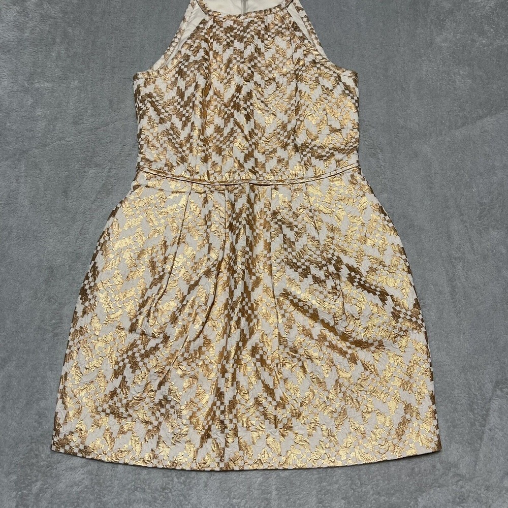 Rachel Roy Dress Womens Medium Gold Ivory Foil Mini High Neck Dress - Picture 2 of 7